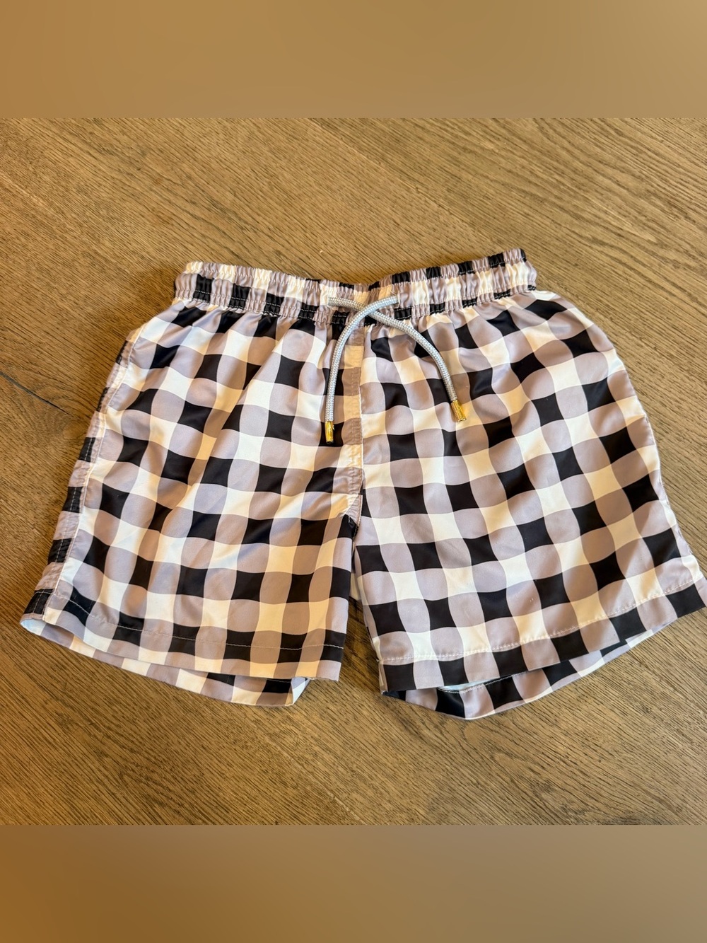 Boys Ancora Black & White Gingham Swim Trunks with Drawstring
